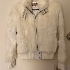 Authentic Designer NWOT VTG Genuine Rabbit Teddy Jacket buckle accents in Cream